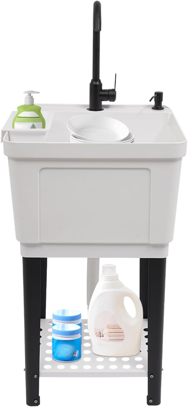 Space Saver Utility Sink Laundry Tub, Freestanding Plastic Laundry Sink Compact Shop Sinks Portable Single Bowl Washing Hand Basin w/Hot & Cold Faucet and Storage Rack for Garage Pet (White)
