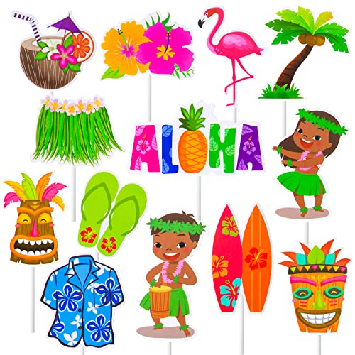 32 Pcs Hawaii Aloha Luau Cupcake Toppers Hawaiian Tropical Summer Theme Birthday Party Cake Decorations With Palm Leaves Flamingo Tiki Coconut Pattern #TOP4