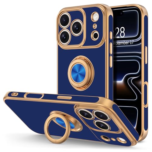 Hython for iPhone 17 Pro Max Case with Ring Stand, 360° Rotatable Ring Holder Magnetic Kickstand, Plating Rose Gold Edge Soft Cover Protective Phone Case for iPhone 17 Pro Max 6.9", Blue by Hython - Used condition - US$8.48