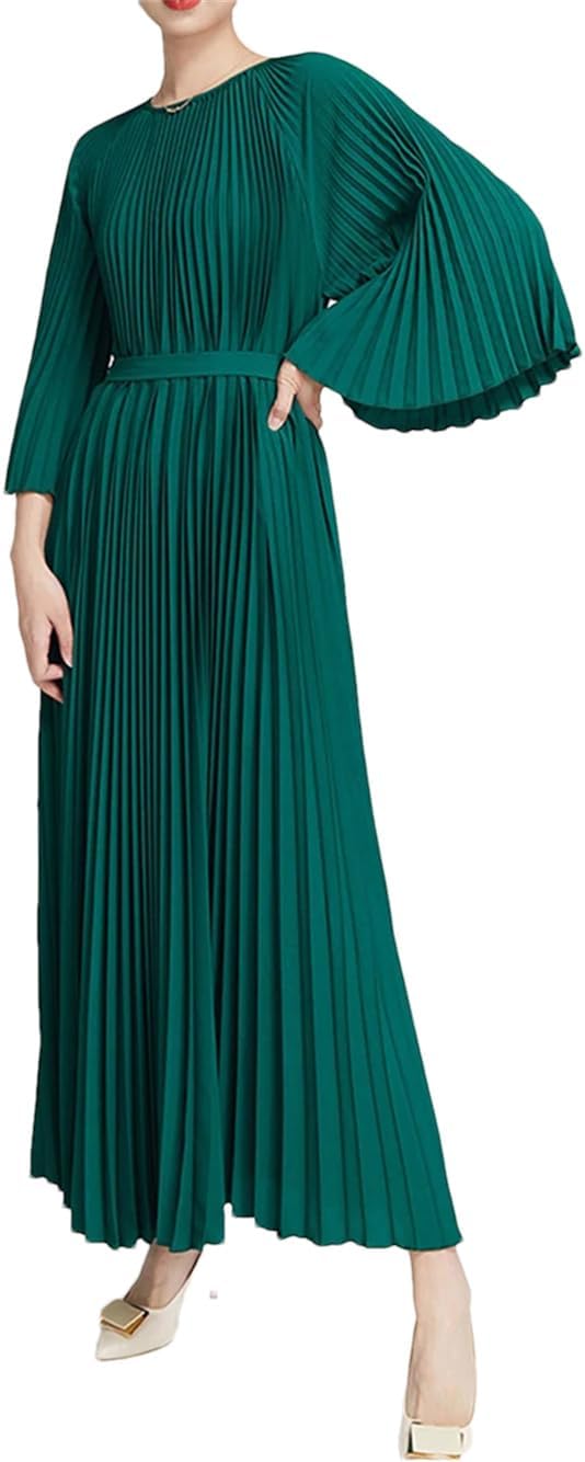 Vsadsau Pleated A Line Dress for Women Flare Sleeve Crewneck Evening Party Dress Lace Up Long Dresses