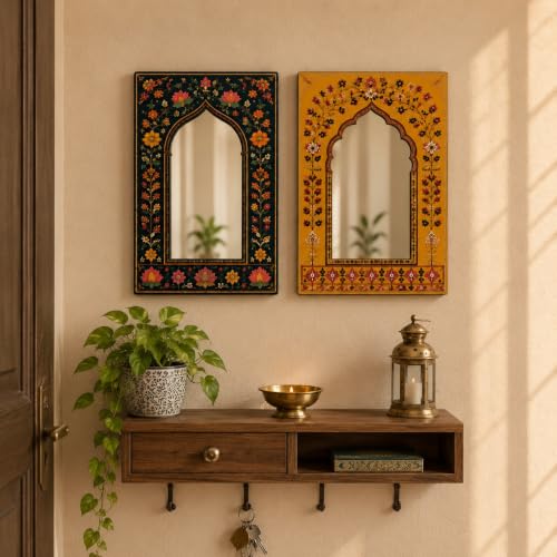 Image of American Elm Pack of 2 Jharokha Mirror Wall Decor for Home Decor Living Room Bedroom and Entryway Indian Floral Arch Acrylic Mirror Wall Hanging Ready to Hang