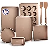 Bakeware Set – 8 Piece – Non-Stick Professional Home Bakeware – Multi Sized Baking Pan Set - Muffin Pan, Loaf Pan and More – Gold