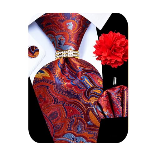 Image of 5PCS Mens Premium Silk Tie, Pocket Square, Cufflinks, Drilled Tie Ring and Lapel Pin Set for Wedding Groom Party