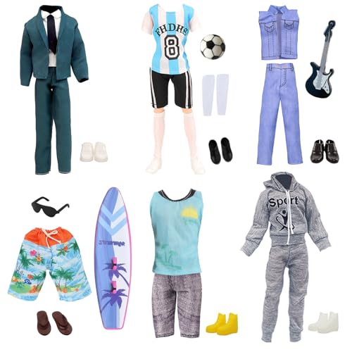 16 vêtements et accessoires pour Ken 30,5 cm = 6 hauts + 6 pantalons + 6 paires de chaussures + lunettes + football + trophées + planche de surf
