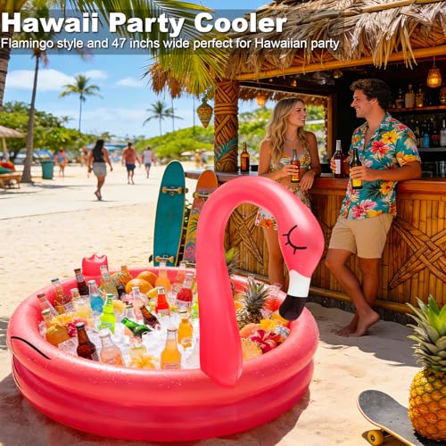 Inflatable Flamingo Cooler 130+ Cans Large Capacity, Bottom Quick-Drain, Luau Party Decor, Flamingo Pool Party Decorations, Beach Hawaiian Birthday Party Supplies Tropical Themed Summer Drink Cooler - Thumbnail 4
