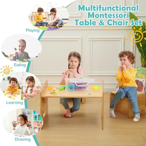 FUNLIO Montessori Höhenverstellbares kindertisch mit 2 stühlen für 1-3 Jährige, hochwertiger Massivholz Kinder Tisch Stuhl Set, zum Lesen/Essen/Spielen, einfach aufzubauen - Quadratischer Tisch