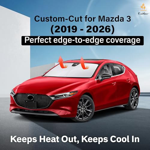 Image of Econour Windshield Sun Shade Compatible for Mazda 3 2019-2024 2025 2026 Mazda3 Accessories Hatchback /Sedan Custom Fit Sunshade Foldable Sun Visor Protector Blocks UV Rays Keep Your Car Cooler