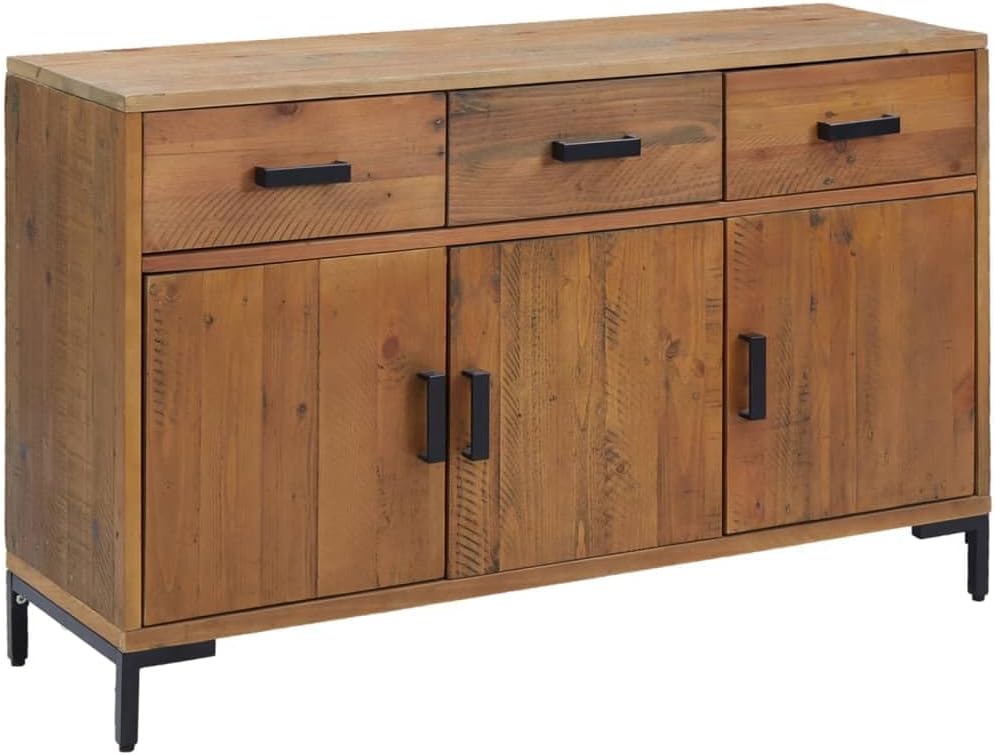 Vintage Solid Pinewood Sideboard with Distressed Brown Finish, 4 Storage Compartments Including 3 Drawers and 2 Solid Wood Doors for Living Room or Dining Area, Rustic