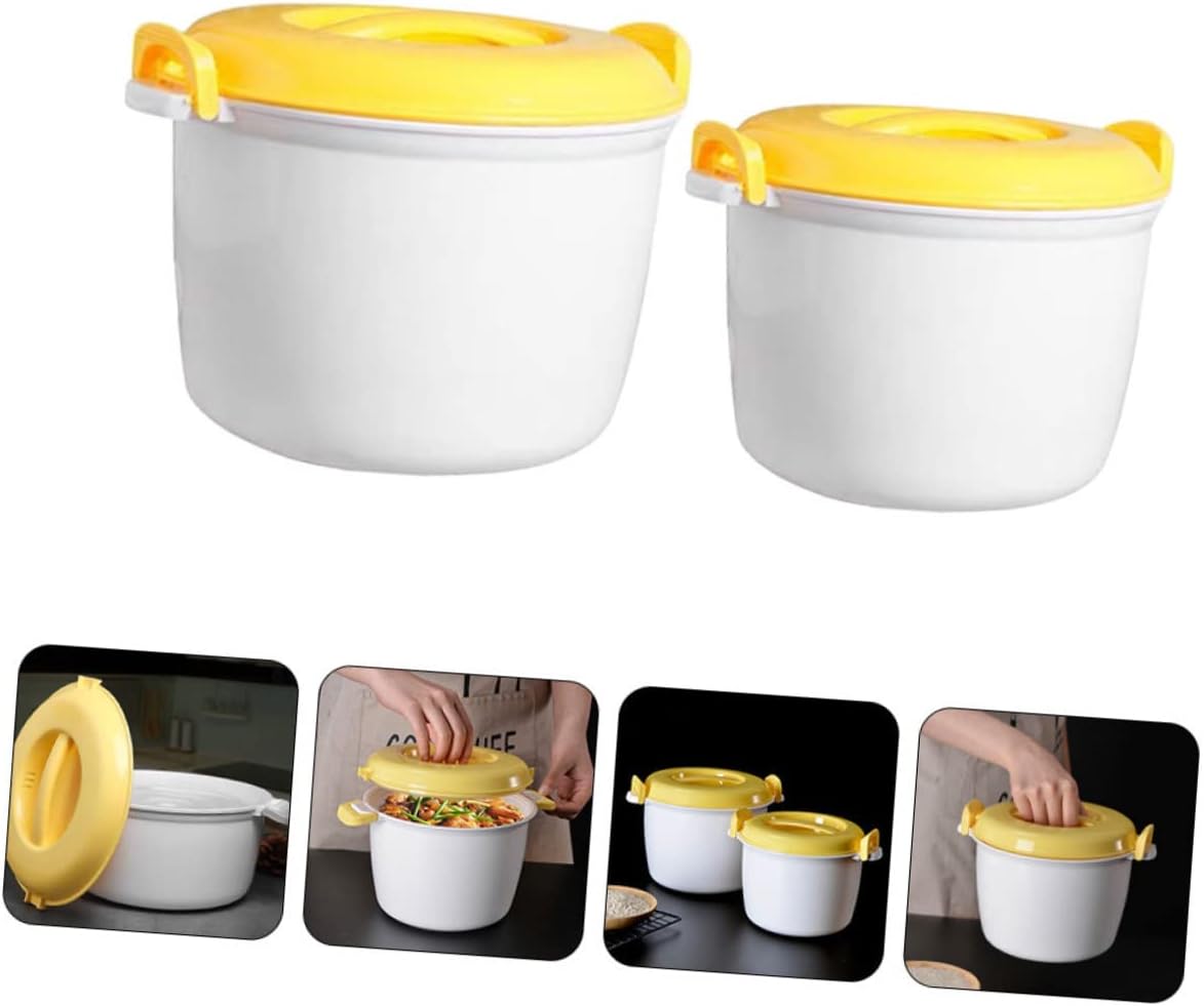 Microwave Rice Steamer 2Pcs Plastic Large Capacity Food Container Set | Home and Office Use, Yellow Finish, Portable Practical Design, Compact Profile for Daily Meals, Easy Storage