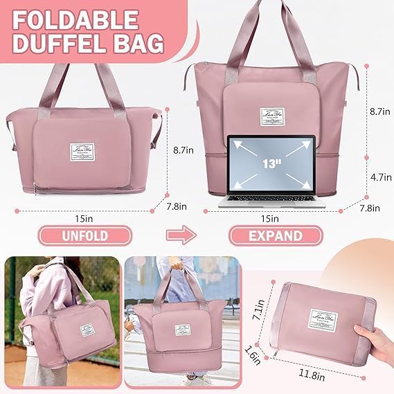 Image of JD Fresh 41 Liter Foldable Travel Bags for Women /Nylon Duffle Bags /Expandable Vanity Travelling Luggage Handbags /Waterproof & Lightweight Shopping Bag for Personal Items (Pink)
