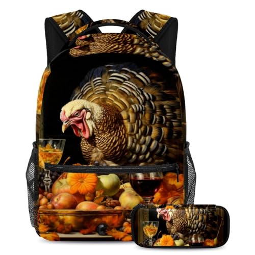 Cartable de Thanksgiving Turquie avec trousse assortie pour écoliers, motif multicolore