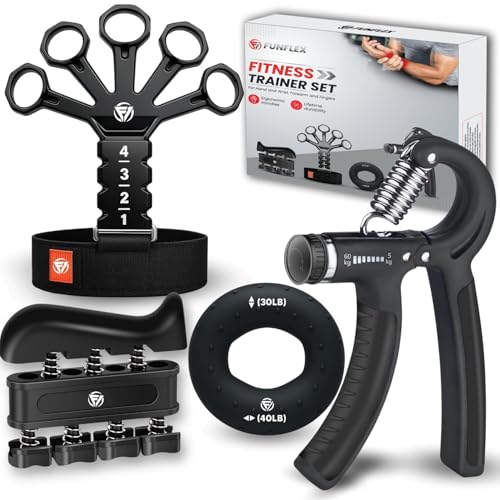 FUNFLEX Handtrainer Fingertrainer, Verstellbares Griffkraft Trainer Set -4-Teilig- Unterarmtrainer, Fingerstrecker - Finger Grifftrainer - Grip Ring, Fitness Krafttraining Hand & Unterarm Training FUNFLEX Handtrainer Fingertrainer, Verstellbares Griffkraft Trainer Set -4-Teilig- Unterarmtrainer, Fingerstrecker - Finger Grifftrainer - Grip Ring, Fitness Krafttraining Hand & Unterarm Training