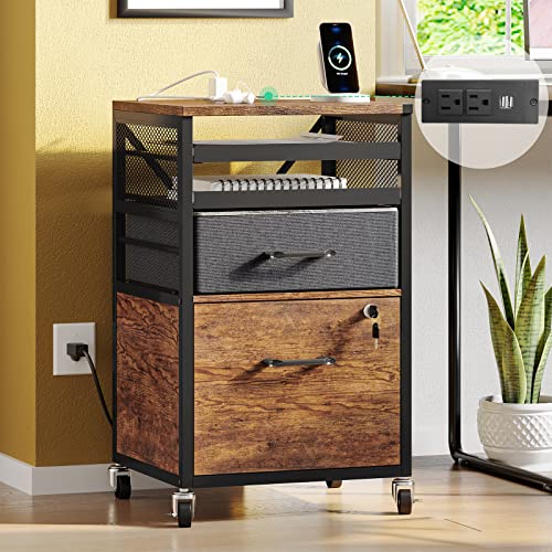 Itaar File Cabinet, File Cabinets With Lock For Home Office Fits Letter/A4 Size, 2 Drawer Filing Cabinet With Power Strip & Fabric Drawer,Printer Stand With Storage, Rusitc Brown #TOP7