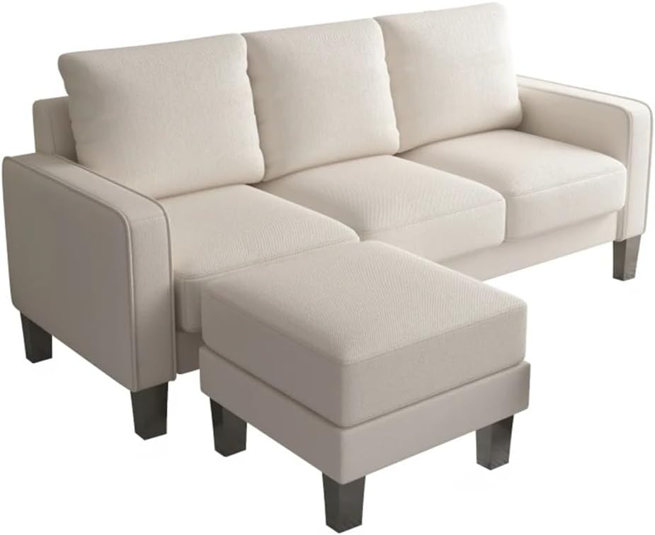 Living Room Furniture L Shape Sofa with Ottoman in Beige Fabric, Suitable for Living Rooms, Apartments