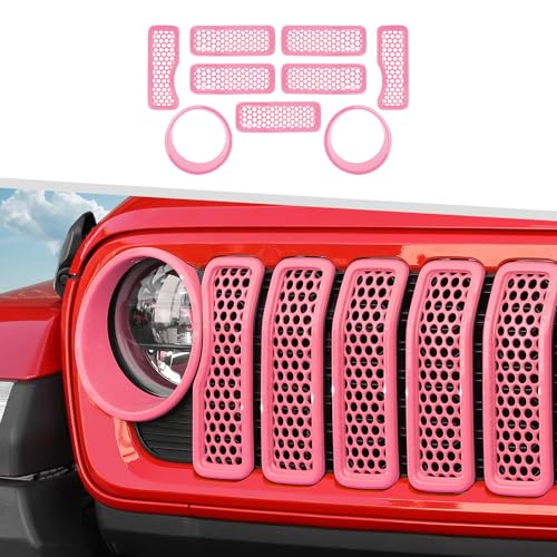 Image of 9PCS Headlight Cover & Front Grill Mesh Inserts Compatible with Jeep Wrangler JL JLU 2024+, NOT FIT JL Sport /Sport S (Pink)