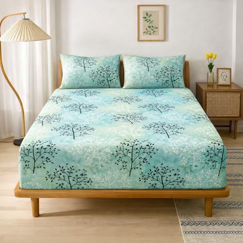 Image of Cotton Elastic Fitted Bedsheets with 2 King Size Pillow Covers Double Bed with All Around Elastic Supersoft Size - 72 King Sizex78+8 inches Color - Mint Aqua