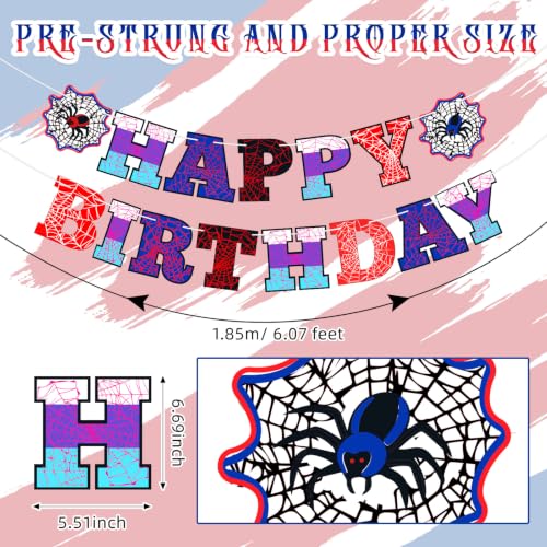 Image of Oudain Spider Theme Birthday Banner Pre-strung Web Flags,Red Purple Blue | Cartoon Backdrop Design, Happy Birthday Bunting for Party Supplies, Easy Hanging Decor for Themed Celebration