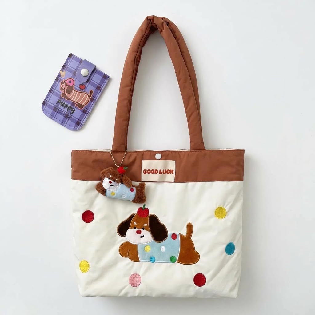 Embroidered Cotton Tote Bag, Rabbit, Apple, Dachshund Hobo Shoulder Bag for Girl Teen Laptop Protector with Card Case