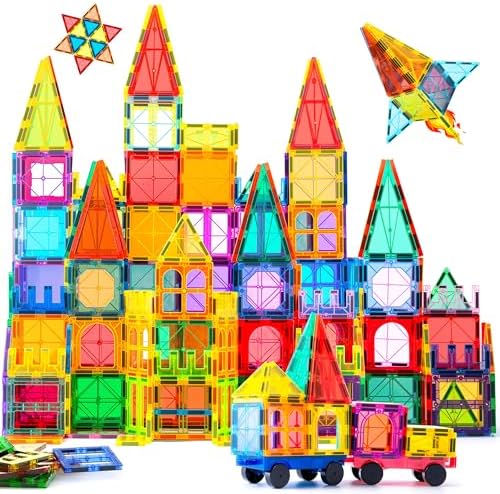 Magnetic Tiles, 122PCS Magnetic Building Blocks with 2 Cars, Large Magnet Building Set,STEM Sensory Educational Toys Gift for Toddlers Kids Boys Girls.