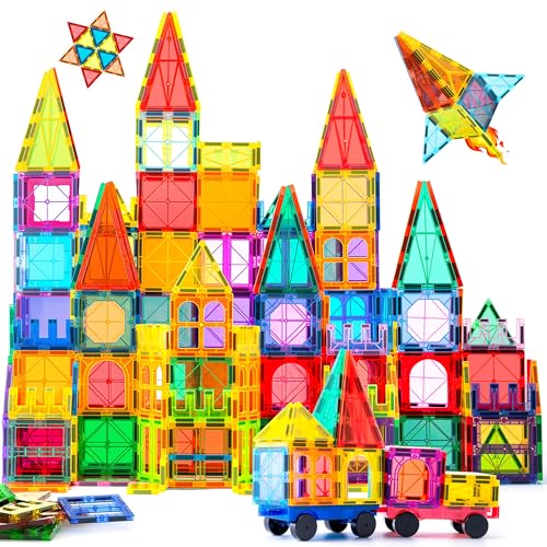 ZMAXKIC Magnetic Tiles 122PCS Magnetic Building Blocks with 2 Cars Large Magnet Building Set STEM Sensory Educational Toys Gift for Toddlers Kids Boys Girls.