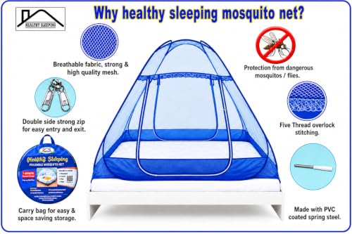 Image of Healthy Sleeping Mosquito Net | Double Bed | Supreme King Size Bed | Foldable Machardani with 2 Side Zipper Opening | Strong 30GSM Polyester Net | PVC Coated Steel Wire (Blue)
