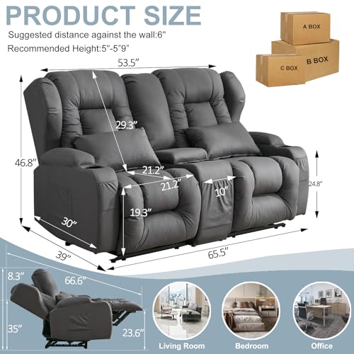 Image of SAMERY 65.5 inch RV Loveseat Recliner Double Recliner RV Sofa & Console | Wall Hugger Loveseat Reclining RV | RV Theater Seats | RV Couch | RV Home Theater Seating Furniture (Fabric Gray)