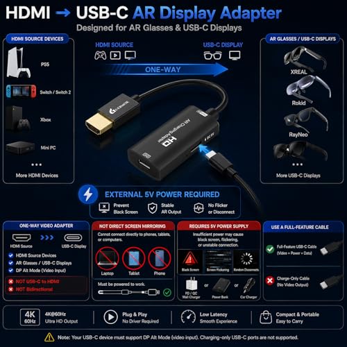 Image of Guermok AR Glasses HDMI to USB-C Display Adapter, 4K@60Hz HDMI Source to USB-C Display Converter, for XREAL One /Air 2 Pro /RayNeo /Rokid, Switch 2 /1, Xbox1, PS4 /5, Portable Monitors (Black)