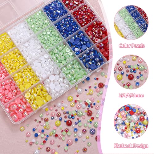 Image of 9000Pcs Flatback Pearls for Crafting, Red Blue Green Nail Half Pearls, 3-8mm Pink Yellow White Half Round ABS Flatback Pearl Beads Bedazzling for Nails DIY Shoes Clothes Bags