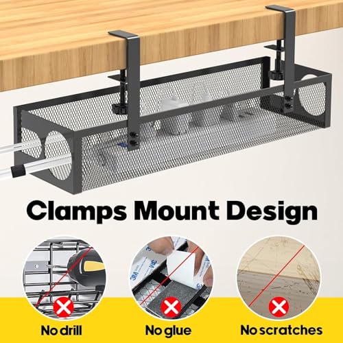 Image of Under Desk Cable Management Tray with Clamp, No Drill Metal Mesh Cable Organizer Rack for Desk Wire Storage, Computer Cord Holder Basket for Office Home Workspace Setup