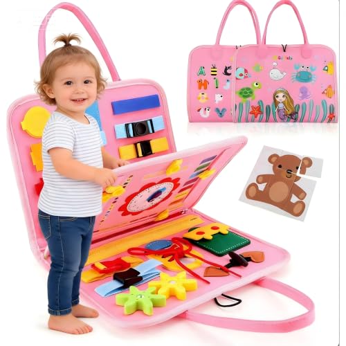 Image of Cable World Montessori Busy Board for Toddlers 2-5 Years, 25+ Learning Activities, Sensory Travel Toy, Quiet Book with Alphabet, Clock, Calendar, Jigsaw Puzzle, Fine Motor Skills Dino Theme - Pink