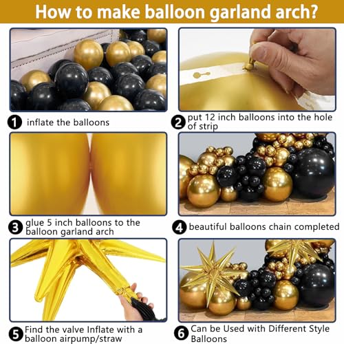Image of Black and Gold Balloons Arch Garland Kit, 5 10 12 18 inch Black Gold Balloons with Explosion Star Balloons & 10pcs Black Bows,101pcs Balloons for Anniversary Wedding Birthday Party Decorations