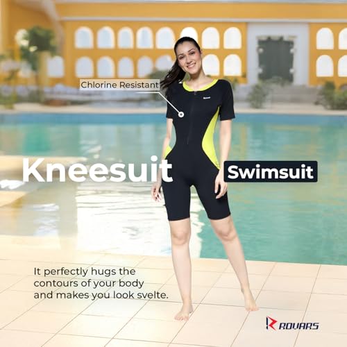 Image of ROVARS Swimming Suit for Women One Piece Swim Suit Set Knee Length Swimming Costume Stretchable Swimwear Ladies Swimsuit Flexible Fit Swim Dress Black Lemon
