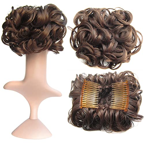 SWACC Short Messy Curly Dish Hair Bun Extension Easy Stretch hair Combs Clip in Ponytail Extension Scrunchie Chignon Tray Ponytail Hairpieces (Dark Brown Medium Auburn Mixed-4 30#)