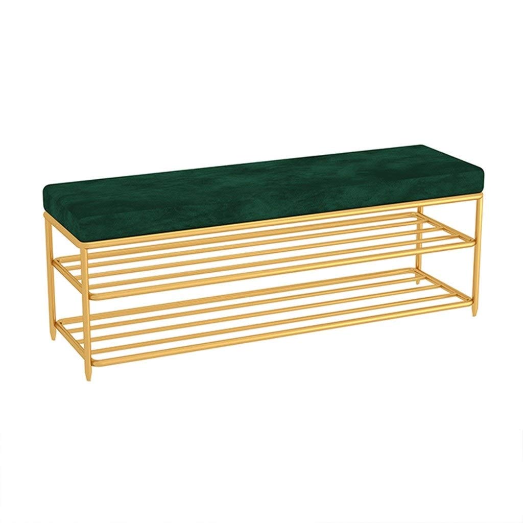 Banc de rangement chaussures avec meuble organisateur en fer forgé doré