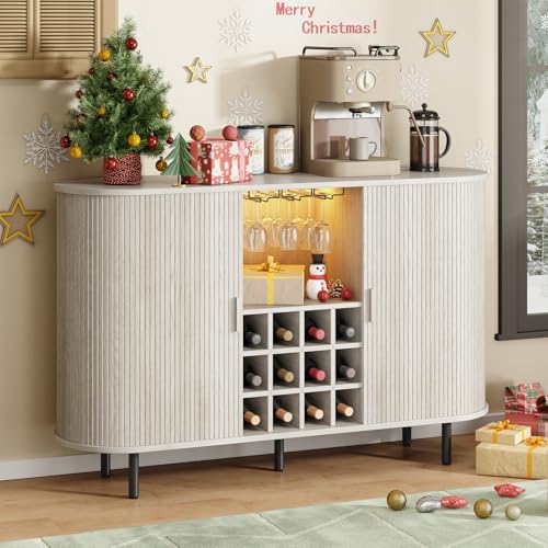 ONBRILL 55" Wine Bar Cabinet with Storage, Fluted Liquor Bar for Home, Coffee Bar Cabinet with Wine Rack and Glass Holder, Buffet Sideboard with LED Lights for Kitchen Living Dining Room Natural White