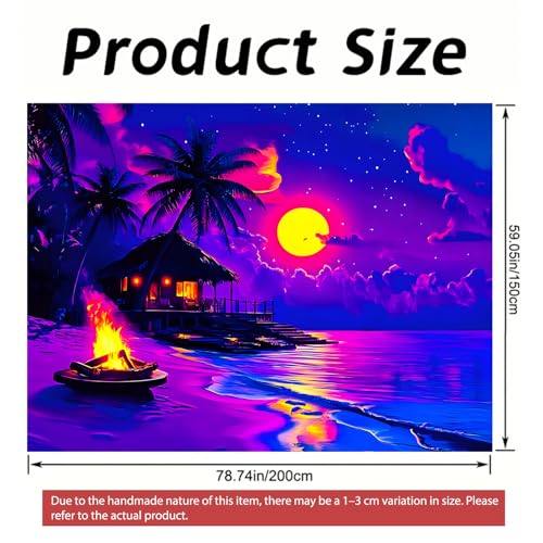 Image of Nuxovilar Tropical Beach UV Reactive Tapestry, 78.74 inchx59.05 inch Polyester | Tropical decor, beach art, blacklight tapestry, neon backdrop for bedroom, dorm, lounge (Beach hut print)