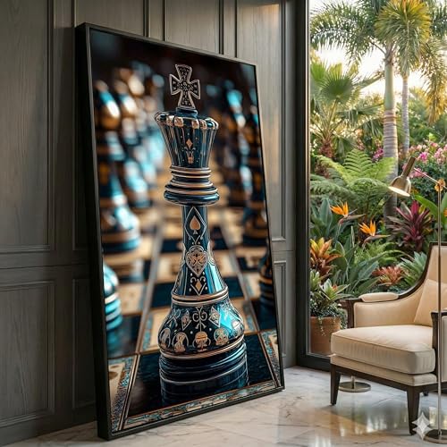Toile noire et or d'échecs de luxe 50x90cm avec cadre intérieur pour salon chic