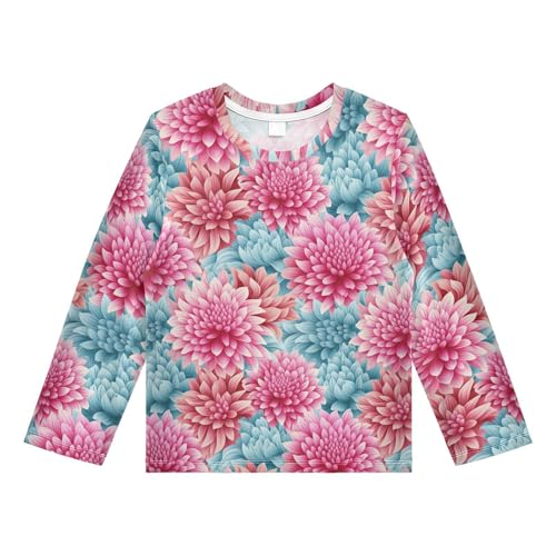 Pink Blue Chrysanthemum Pattern Boys Rash Guard Swim Shirts Long Sleeve UPF 50+ Quick Dry Sun Protection Shirt Swimwear Surf Tops for Toddler Kid Girl Fishing Swimming Outdoor 7-8T