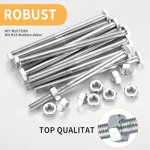 M10 Sechskantschrauben mit Muttern, M10 x 160 mm Sechskantschrauben mit Schaft, verzinkt Maschinenschrauben Teilgewindeschrauben für Metallbauarbeiten Auto