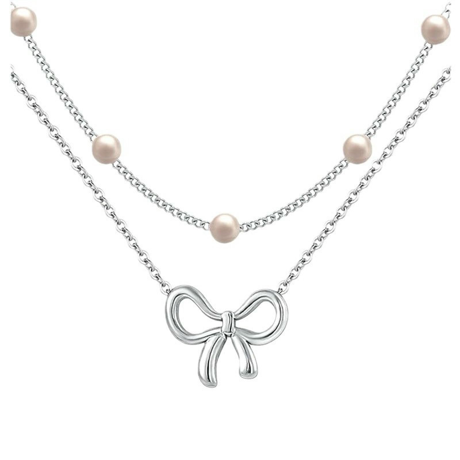 BDBDFYF Pendant necklace Multi-layered Choker Bow Imitation Pearl Necklace-silver