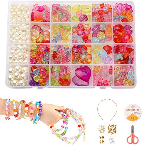 PHOGARY Children DIY Beads Set(500pcs), DIY Bracelets Necklaces Beads Crystal Beads in Shapes of Raindrop, Heart, Flowers for Jewellery Making Bead Necklace Bracelet Making Kit Gift Kit for Girls