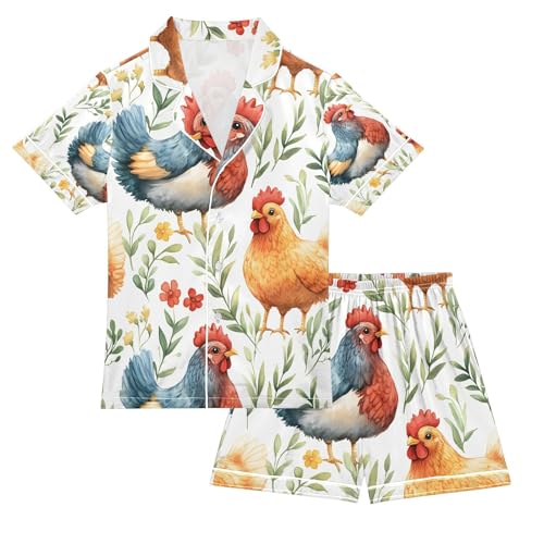 senya Chicken on Grass A Satin Summer Pajama Sets Silk Short Sleeve Button Down Sleepwear