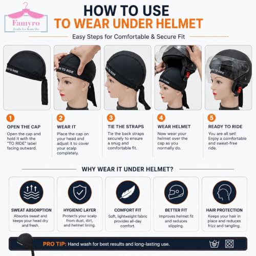 Image of Under Helmet Liner Cap for Men & Women | Inner Cap for helmat Breathable Sweat Absorbent Quick Dry Skull Cap | Tie-Back Helmet Inner Cap for Bike Riding, Cycling, Running & Outdoor (Black)