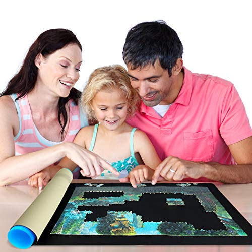 LAVIEVERT 2-in-1 Reversible Jigsaw Puzzle Mat, 2mm Thick Neoprene Puzzle Mat Roll Up, Portable Puzzle Board Holder Saver with Storage Bag & Plastic Cylinder Up to 1500 Pieces - Black & Khaki
