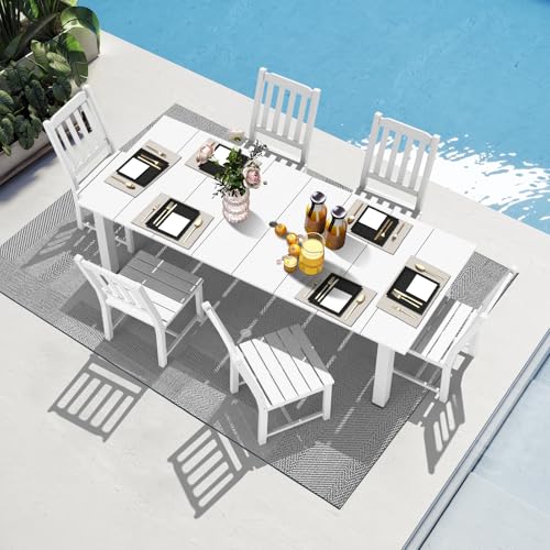 LOUNZY 7 Pieces Patio Dining Sets, Outdoor HDPE Furniture Set for 6 w/ 2" Hole Cut-Out Dining Table with 6 Armless Patio Chairs for Pool, Lawn and Garden,White 7 Dining Sets(Armless) White