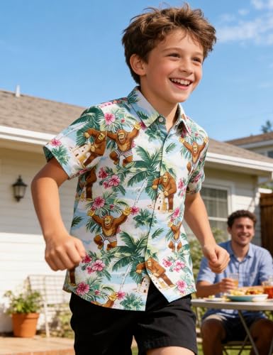 Image of Boys Hawaiian Shirt Kids Button Down Aloha Beach Hawaii Tops 5-14Y | Quick Dry, Breathable, Cooling & Lightweight, For Summer Vacation Holiday, Fourth of July, Youth, Teen, Shark, Dinosaur