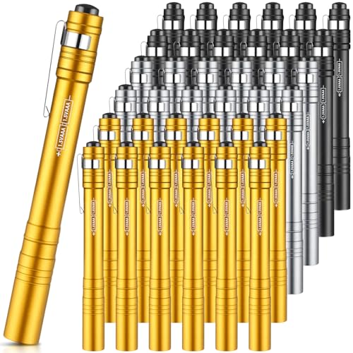 Rossesay Pocket Flashlights Pen Bulk Gift LED Pen Lights Aluminum Mini Flashlights with Clips Small Handheld Torche for Men Camping Hiking Emergency Outdoor(Silver, Black, Gold,36 Pack)