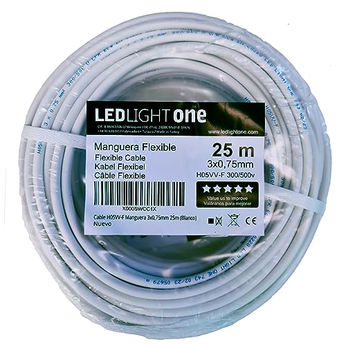 Led Light One Cable H05VV-F Manguera 3x0,75mm 25m (Blanco) Tensión de servicio: 500v Temperatura máxima de trabajo 70º.Cables para instalaciones fijas y móviles en locales domésticos y oficinas.