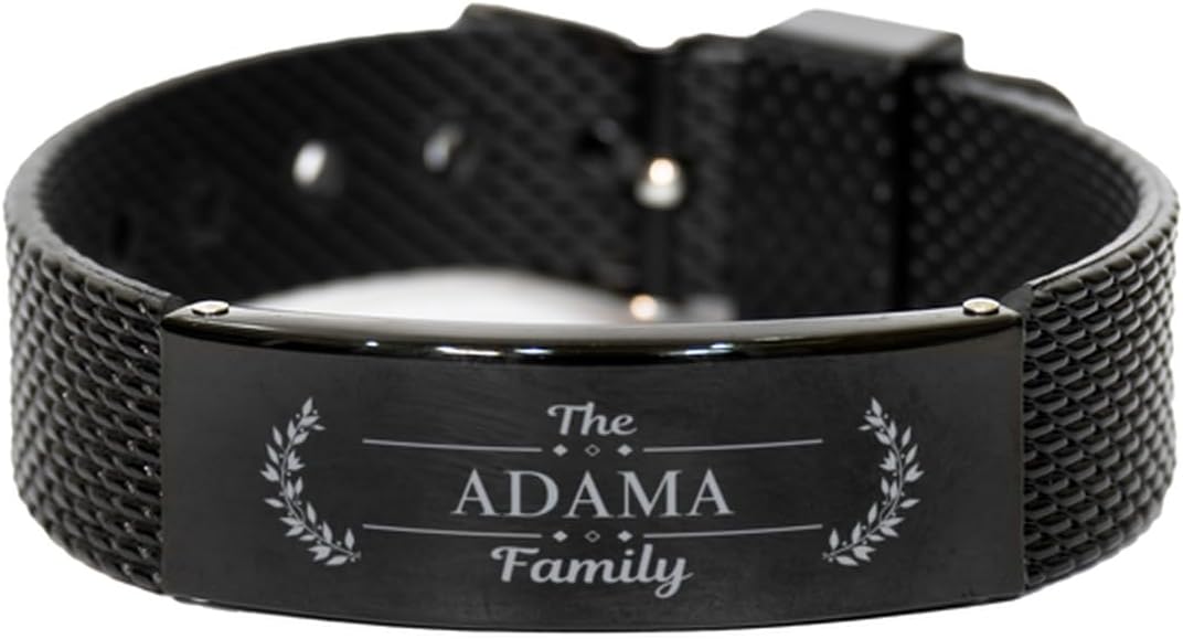 Adama Family Name Sign Black Shark Mesh Bracelet - Custom ID Plate Last Name Bracelet Birthday Christmas Gifts Idea For Friends Men Women, Engraved Adjustable
