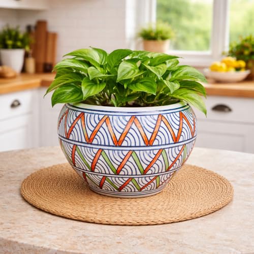 Image of Niyara Hand-Painted Ceramic Flower Pot | Multi-Color Geometric Bowl Planter | Decorative Indoor Plant Pot for Home, Table & Balcony Decor